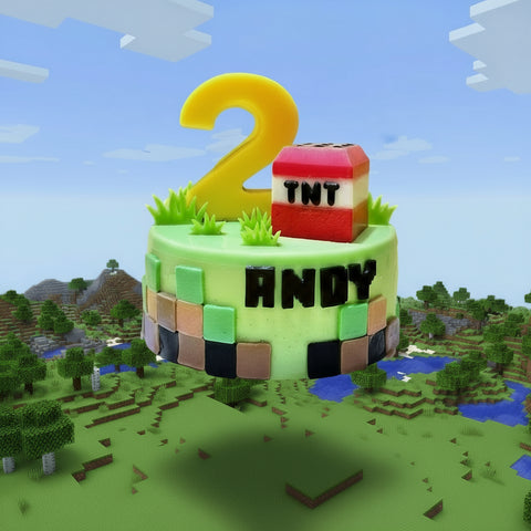 Children's birthday cake with number and 'TNT' block on a yellow background