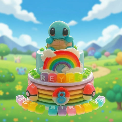 Colorful birthday cake with a turtle figurine, rainbow, and 'REYEL' on a table outdoors.