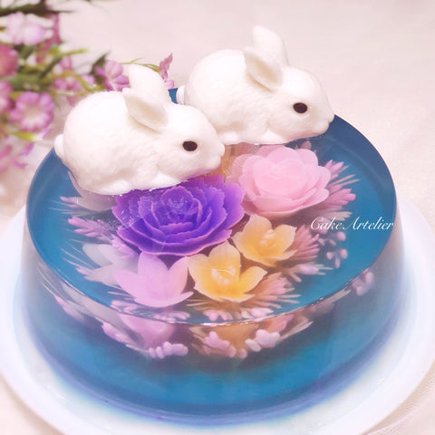 Flowery round cake with rabbits (KJFR20210801)